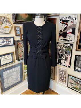 80s Vintage 40s Style Joan Leslie Black Long Sleeve Lace-Up Bow Waist Dress 10